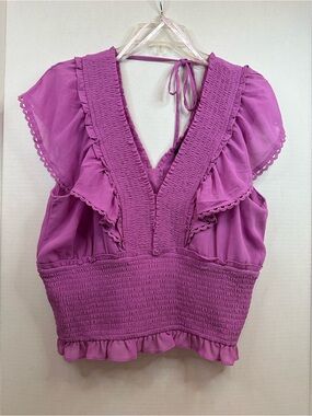 Jessica Simpson Magenta Smocked Ruffle V-Neck Blouse, size Large, NWT